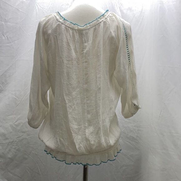 Wrangler peasant boho hippie shirt top turquoise tie neck Sz L - Picture 5 of 10